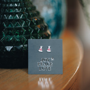 Pink Enamel Christmas Tree Studs - Joy Peace Love - Sterling Silver (9105)