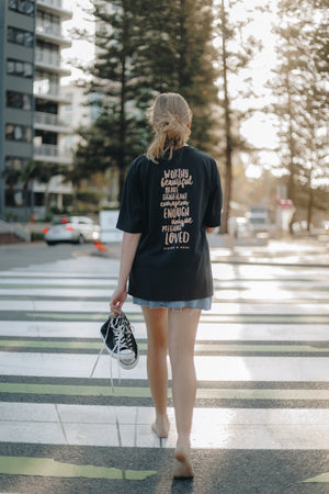 WORTHY BEAUTIFUL BRAVE - Washed Black Heavy Tee - Caramel Print