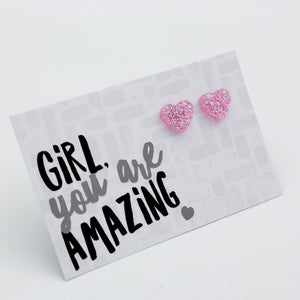 Girl You Are Amazing heart acrylic glitter stud earrings in light pink glitter – view 2 – Sister & Soul