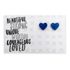 Beautiful Strong Unique heart acrylic glitter stud earrings in dark blue glitter – Sister & Soul