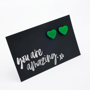 You Are Amazing heart acrylic glitter stud earrings in green glitter – view 2 – Sister & Soul