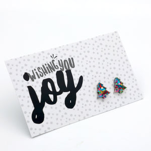 Wishing You Joy Christmas tree acrylic glitter stud earrings in kaleidoscope glitter – view 2 – Sister & Soul