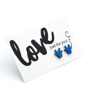 Love Just For You reindeer acrylic glitter stud earrings in dark blue glitter – view 2 – Sister & Soul
