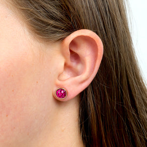 Strong Beautiful Courageous - Rose Gold Stainless Steel 8mm Circle Studs - Magenta Leopard (11355)