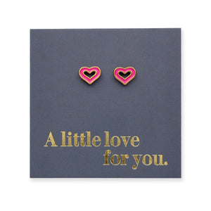 Heart-shaped earrings on a card with 'A little love for you.' text
