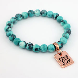 Stone Bracelet - Aqua & Navy Patch Agate Stone 8mm Beads - With Rose Gold charm