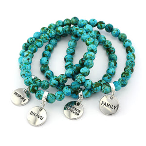 Stone Bracelet - Aqua Crush Patch Agate Speckled Howlite Stone 8mm Beads - With Silver Word charm