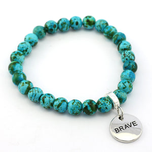 Stone Bracelet - Aqua Crush Patch Agate Speckled Howlite Stone 8mm Beads - With Silver Word charm