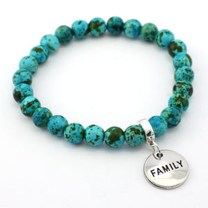 Stone Bracelet - Aqua Crush Patch Agate Speckled Howlite Stone 8mm Beads - With Silver Word charm