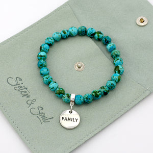 Stone Bracelet - Aqua Crush Patch Agate Speckled Howlite Stone 8mm Beads - With Silver Word charm