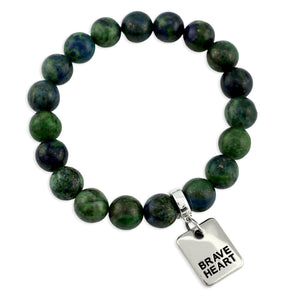 Green beaded bracelet with a silver 'Brave Heart' tag on a white background