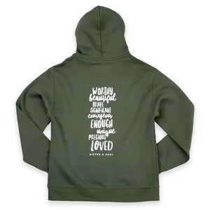 Green hoodie with motivational text on the back on a white background