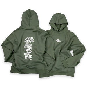 Green hoodie with text design on front and back on a white background