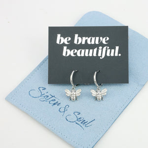 HUGGIES - Be Brave Beautiful - Sterling Silver Hoops with Bee Charm (8816-F)