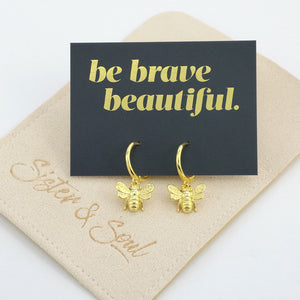 HUGGIES - Be Brave Beautiful - 18K Gold Sterling Silver Hoops with Bee Charm (8602-R)