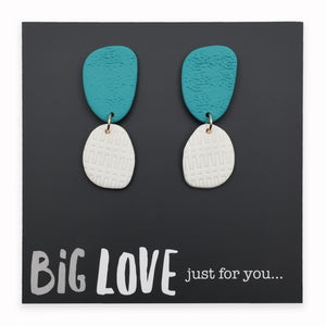 Pair of earrings with blue and white teardrop shapes on a black card with 'Big Love just for you' text.