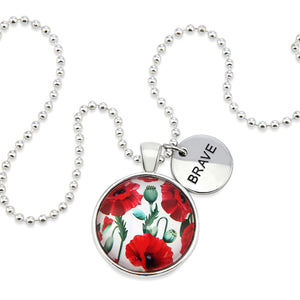 Necklace with red floral pendant and 'BRAVE' charm on a white background