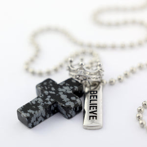 BLACK SPECKLE STONE - Cross & Crown Necklace