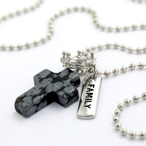 BLACK SPECKLE STONE - Cross & Crown Necklace