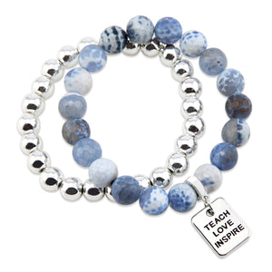 Bracelet Duo! 10mm Deep Blue Agata Tourmaline & 8mm Silver bead bracelet stacker set - TEACH LOVE INSPIRE (11614)