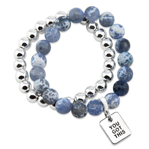 Bracelet Duo! 10mm Deep Blue Agata Tourmaline & 8mm Silver bead bracelet stacker set - YOU GOT THIS (12153)