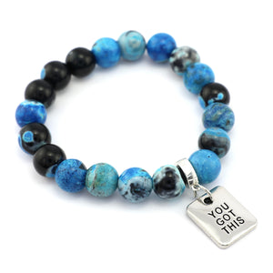 Stone Bracelet - Blue Lagoon Fire Agate Stone 10mm Beads - With Silver Word charm
