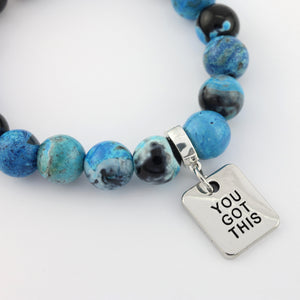 Stone Bracelet - Blue Lagoon Fire Agate Stone 10mm Beads - With Silver Word charm