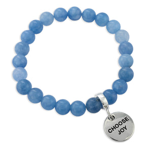 Blue beaded bracelet with a 'CHOOSE JOY' charm on a white background