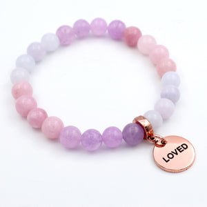 Stone Bracelet - Lilac Powder & Blush Blend Blend 8mm Beads - With Rose Gold Word charm