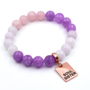 Stone Bracelet - Violet Powder & Blush Blend 10mm Beads - With Rose Gold Word charm