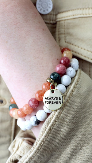 Stone Bracelet - Juicy Agate Stone 8mm Beads - With Vintage Gold Word charm