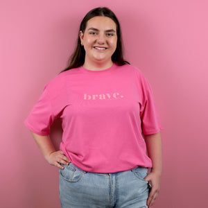 BRAVE - Oversized Fit - Plus Size Long Boxy Tee - Pop Pink with Pink Print