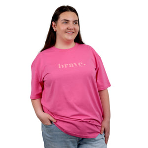 BRAVE - Oversized Fit - Plus Size Long Boxy Tee - Pop Pink with Pink Print