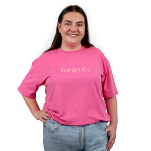 BRAVE - Oversized Fit - Plus Size Long Boxy Tee - Pop Pink with Pink Print