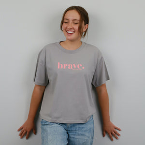 BRAVE - Storm Grey Cropped Wide Boxy Tee - Pink Print