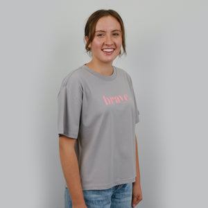 BRAVE - Storm Grey Cropped Wide Boxy Tee - Pink Print