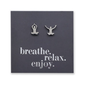 Stainless Steel Earring Studs - Breathe Relax Enjoy - YOGA