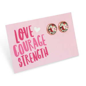 Pink floral print stud earrings with rose gold circle shape. Fundraising product for the National Breast Cancer Foundation.