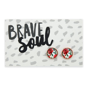 Floral earrings on a card with 'Brave Soul' text