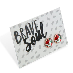 Floral earrings on a card with 'Brave Soul' text