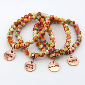 Stone Bracelet - Carnival Patch Agate Speckled Howlite Stone 8mm Beads - With Rose Gold charm