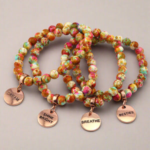 Stone Bracelet - Carnival Patch Agate Speckled Howlite Stone 8mm Beads - With Rose Gold charm