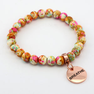 Stone Bracelet - Carnival Patch Agate Speckled Howlite Stone 8mm Beads - With Rose Gold charm