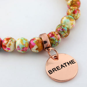 Stone Bracelet - Carnival Patch Agate Speckled Howlite Stone 8mm Beads - With Rose Gold charm