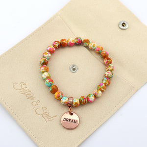 Stone Bracelet - Carnival Patch Agate Speckled Howlite Stone 8mm Beads - With Rose Gold charm