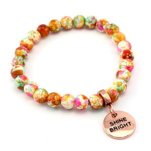 Stone Bracelet - Carnival Patch Agate Speckled Howlite Stone 8mm Beads - With Rose Gold charm