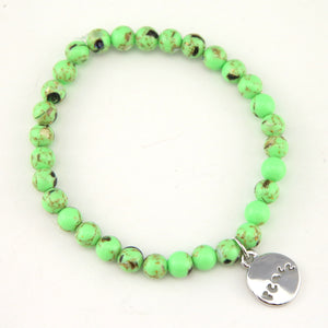 Christmas Bracelet - Lime Green Pop Synthesis 6mm Bead Bracelet with Silver Word Charm