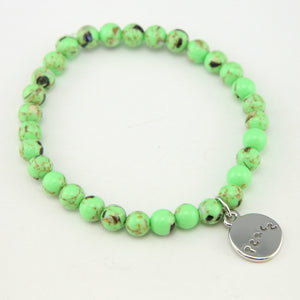 Christmas Bracelet - Lime Green Pop Synthesis 6mm Bead Bracelet with Silver Word Charm