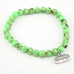 Christmas Bracelet - Lime Green Pop Synthesis 6mm Bead Bracelet with Silver Word Charm