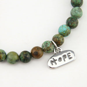 Christmas Bracelet - Moss Green Agate 6mm Bead Bracelet with Silver Word Charm